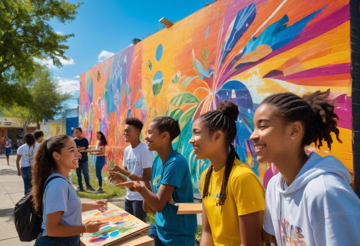 A dynamic scene depicting diverse adolescents and young adults engaged in various empowerment activities, such as community volunteering, innovation workshops, and group discussions. The backdrop features vibrant murals showcasing hope and creativity, with individuals promoting sustainability, technology, and leadership. The atmosphere is energetic and inclusive, reflecting unity and collaboration among youth. vibrant colors. super-realistic.