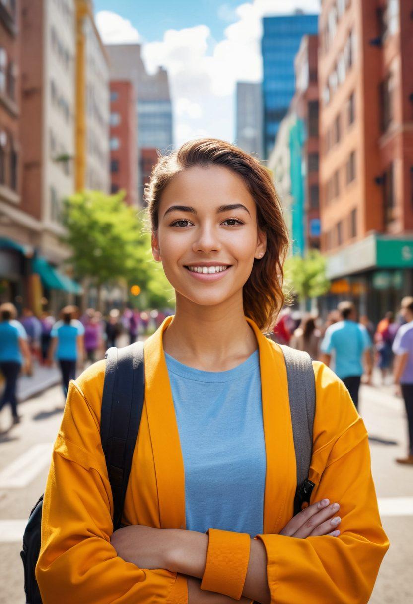 A young adult standing confidently on a lively city street, surrounded by diverse people engaged in various services, like teaching, coding, and healthcare. Vibrant colors highlight the opportunities available, while a warm, welcoming smile on the young adult's face symbolizes hope and transformation. Include a backdrop of modern buildings infused with nature to represent growth. super-realistic. vibrant colors. 3D.