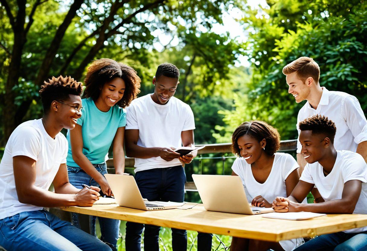 A diverse group of young people gathered around a bridge, symbolizing collaboration and support. They are engaged in discussions, with one mentor guiding them, showcasing a warm atmosphere filled with enthusiasm. The background presents a sunny landscape with greenery, representing growth and development. The scene includes elements like notebooks, laptops, and tools of learning to enhance the theme of mentorship. vibrant colors. super-realistic.
